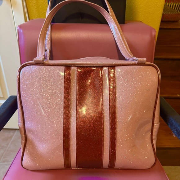 Trophy Queen Heart and Stripes Overnighter Pink Sparkly Tote with Red Hearts - Picture 2 of 8